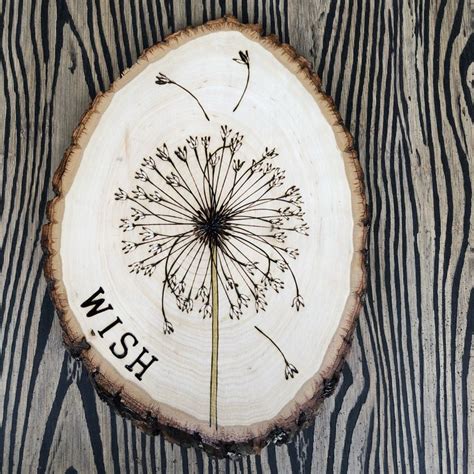 Dandelion Wish Wood Art Mini Wood Burned Original Art Tree Slice Wall