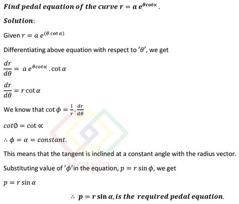 Find Pedal Equation Of The Curve R A E Theta Cot Alpha Yawin