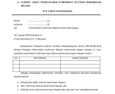 Format Surat Permohonan Konfirmasi Setoran Penerimaan Negara Kumpulan