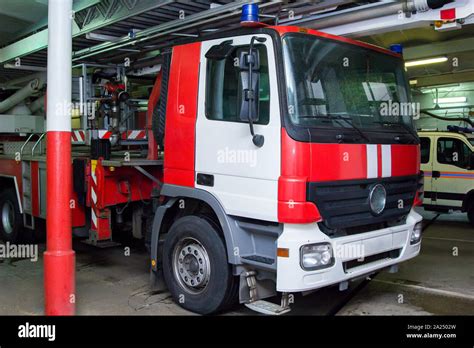 Red And White Fire Truck In The Garage Stock Photo Alamy