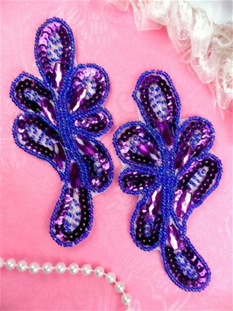 Jeweled Sequin Appliques Purple Beaded Mirror Pair