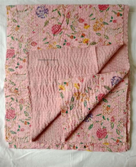 Pink Blue Indian Kantha Quilt Cotton Kantha Bedspread Reversible