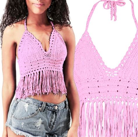 Light Pink Crochet Halter Top Hippie Crop Top Halter Tank