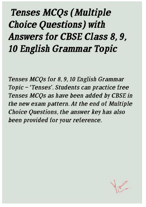 SOLUTION Tenses Mcqs Multiple Choice Questions With Answers For Cbse