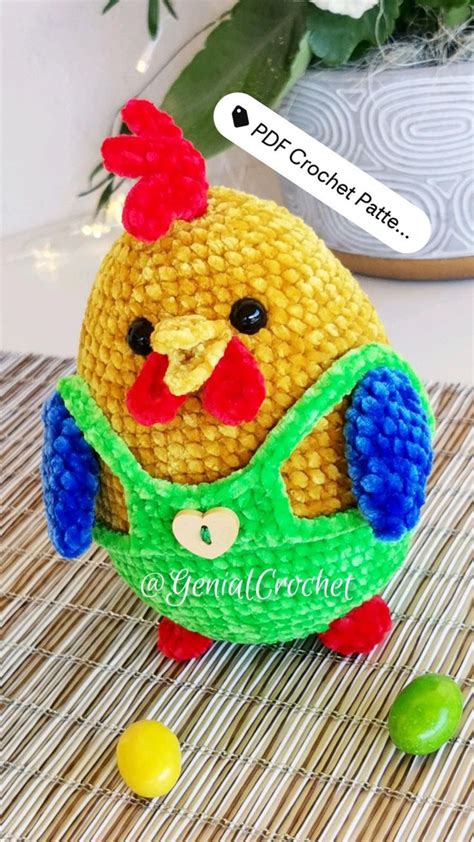 New Crochet Pattern In English And German Easter Rooster In Overalls