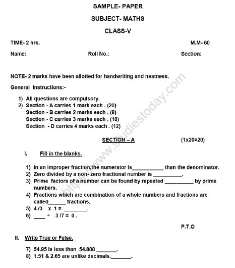 Cbse Class 5 Mathematics Sample Paper Set Q