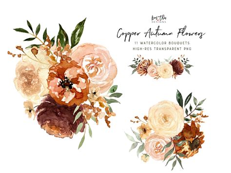 Eleven Copper Autumn Watercolor Floral Bouquets Autumn Etsy