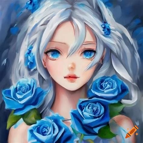 Anime Girl With White Hair And Blue Eyes Holding Blue Roses On Craiyon