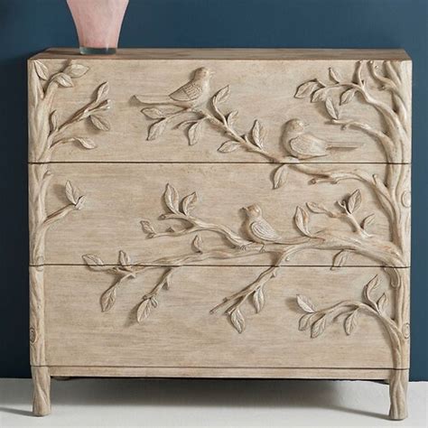 Hand Carved Ornithology 3 Drawers Dresser In Washed Grey Etsy