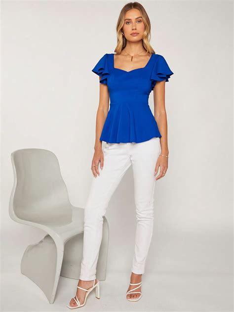 Shein Bizwear Sweetheart Neck Butterfly Sleeve Peplum Blouse Workwear