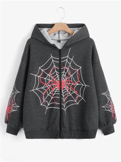 Shein Ezwear Plus Spider Web Print Zip Up Drop Shoulder Hoodie