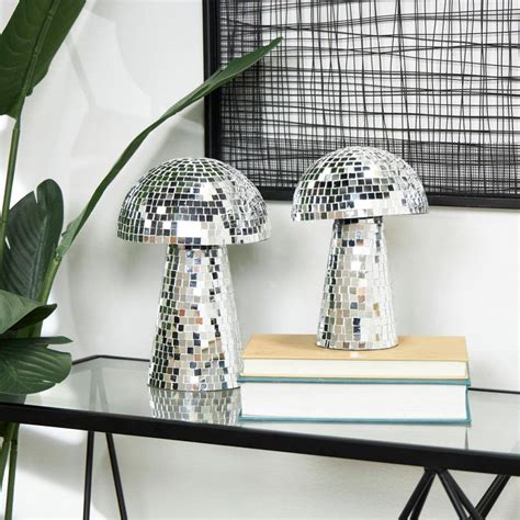 Litton Lane Silver Glass Handmade Mosaic Mirrored Mushroom Sculpture