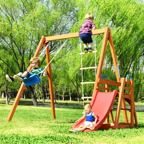 Seetaras Wooden Swing Set,Outdoor Backyard Activity Playground Climb Swing Play Structure Wooden ...