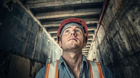 A Construction Worker Wearing A Hard Hat And Reflective Vest Gazes