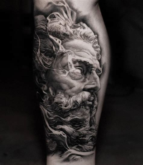 Black And Grey Bust Of Neptune Tattoo Located On The