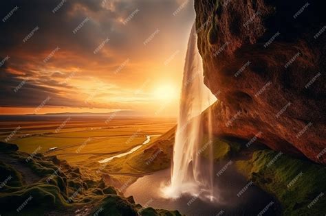 Premium AI Image | A waterfall in a mountain landscape with a sunset in ...