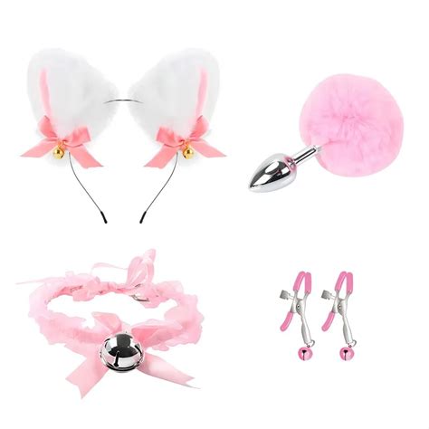 Sex Toys Fox Tail Butt Plug Sexy Plush Cat Ear Headband With Bells Necklace Set Massage