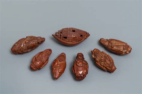 Seven Chinese Carved Olive Pits Republic 20th C Rob Michiels Auctions