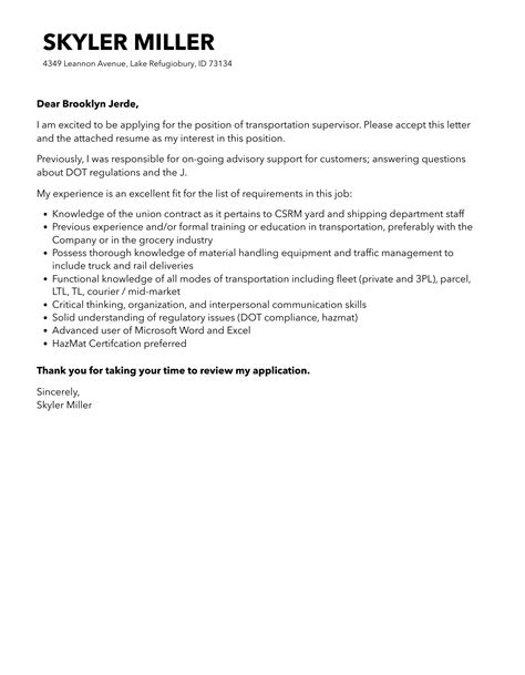 Transportation Supervisor Cover Letter Velvet Jobs