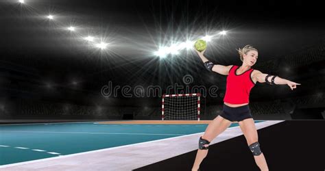 Focused Caucasian Female Handball Player Pointing While Throwing Ball