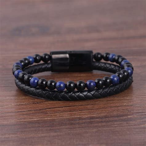 Bracelet Perles Bleu Nuit Et Noires Et Cuir Bracelets Homme