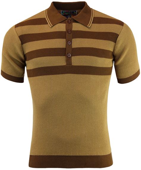 Madcap England Terry Retro Mod Ribbed Stripe Knit Polo Caramel