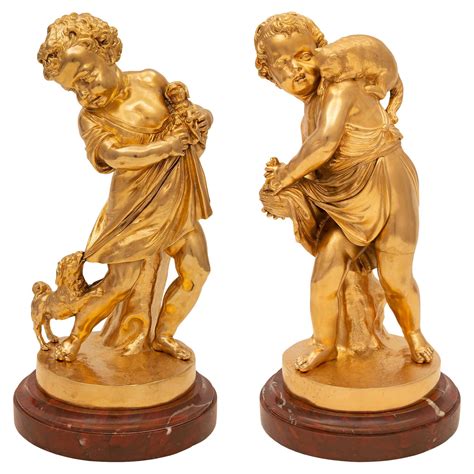 Pair Of French Th Century Louis Xvi St Ormolu And Marble Statues For