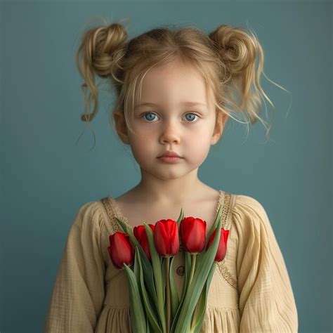 Premium Photo Girl With Red Tulips In Yellow Dress