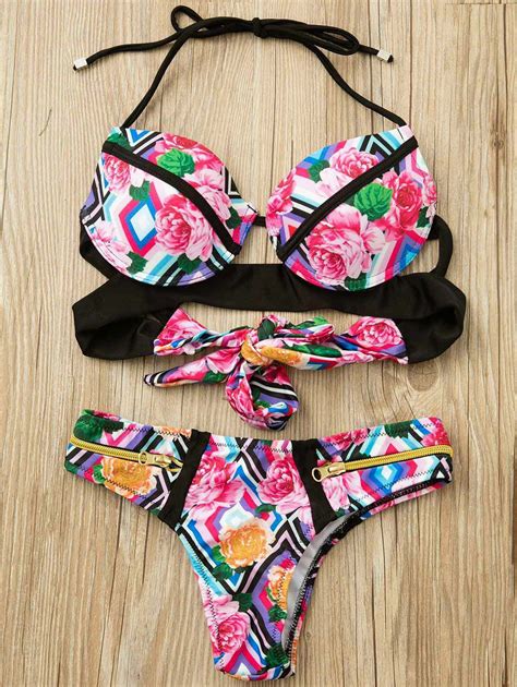 Halter Neck Printed Zipper Embellished Bikini Set Women S Bikini