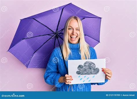 Young Blonde Girl Holding Umbrella Rain Draw Winking Looking At The