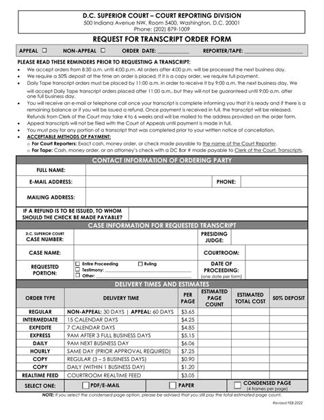 Washington D C Request For Transcript Order Form Fill Out Sign