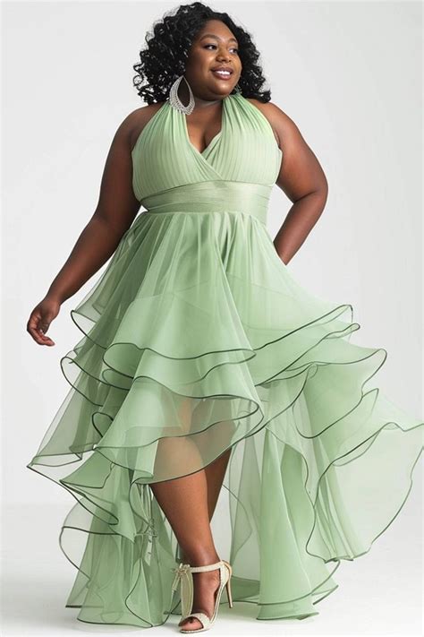 Xpluswear Design Plus Size Semi Formal Green Halter Collar Asymmetric