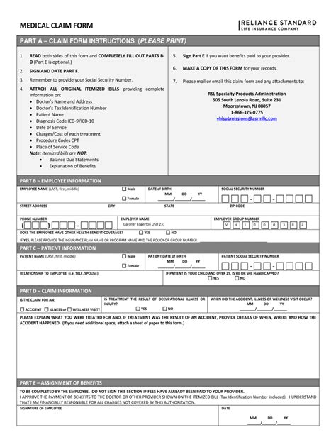 Fillable Online Medical Claim Form Reliance Standard Fax Email Print