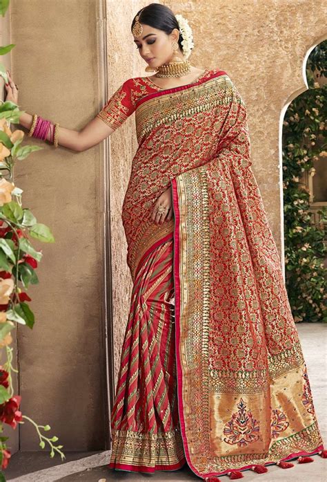 Shop Red Pure Banarasi Silk Designer Bridal Saree Freeshipping All