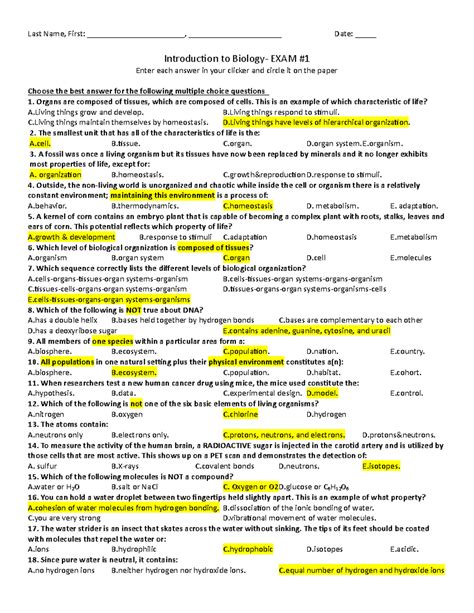 Biology Unit 3 Test Answer Key Exam 3 With Answer Key