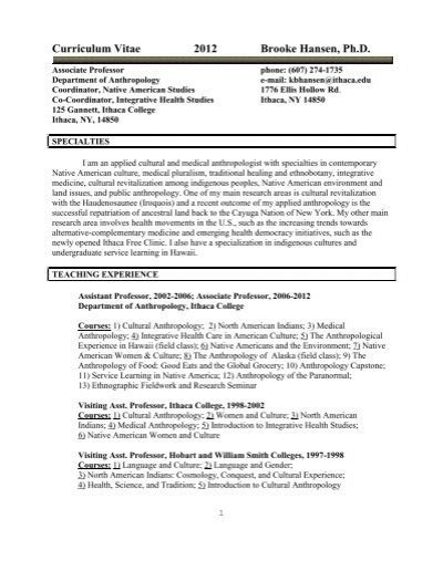 Curriculum Vitae 2012 Brooke Hansen Ph D Ithaca College