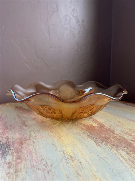 Vintage Jeanette Carnival Glass Bowl Ruffled Edge Decorative Etsy