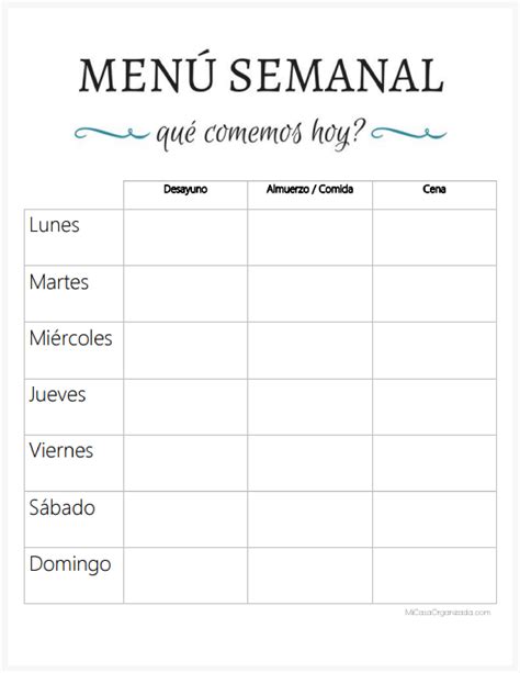 Menú Semanal Y Platillos Favoritos Mi Casa Organizada