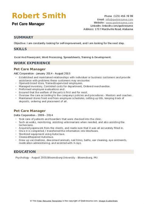 Pet Care Manager Resume Samples QwikResume