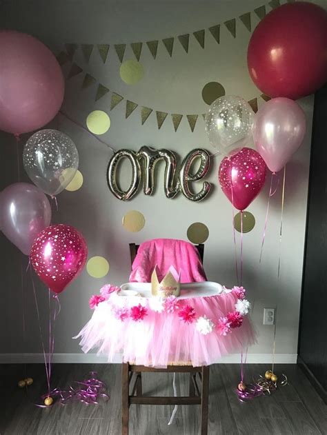 Pink themed high chair decoration for a one year old party | Birthday ...