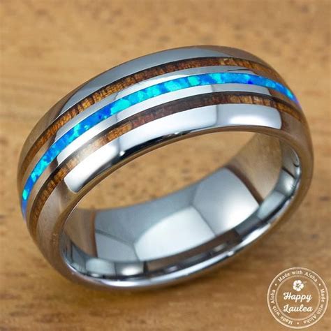 Tungsten Carbide Tri Inlay Ring 8mm Width Blue Opal And Hawaiian Koa Wood Barrel Shape