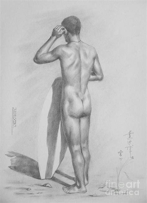 Original Charcoal Drawing Art Male Nude Seaside On Paper