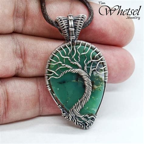 Chrysoprase Necklace Tree Of Life Pendant Sterling Silver Wire Wrapped