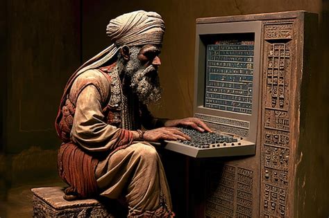 Premium AI Image | Ancient Babylon Programmer Prehistoric Programming Old Man Working on Stone ...