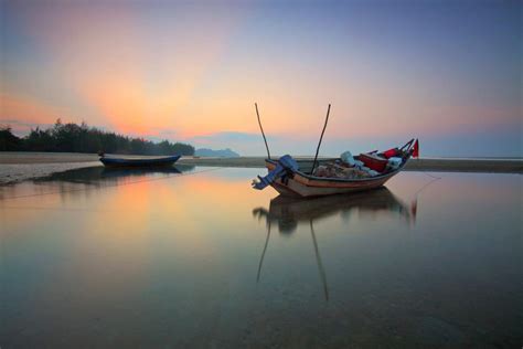 Fishing Boat Still Water Sunset Royalty Free Photo