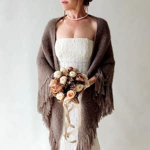 Winter Wedding Shawl, Taupe Knit Wrap, Bridal Cover Up, Wool Shawl ...