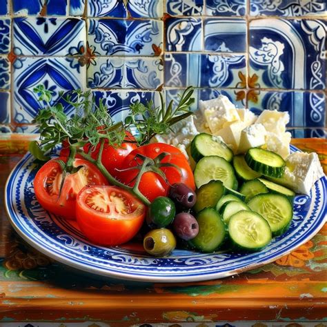 Premium Photo Blue And White Plate With Cucumbers And Tomatoes