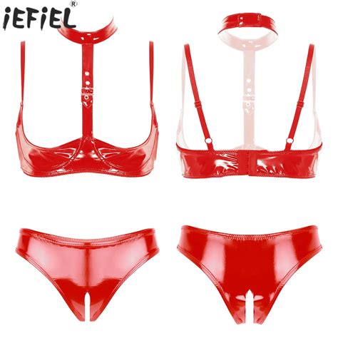 Womens Wet Look Patent Leather Open Cups Shelf Bra Top Open Crotch High