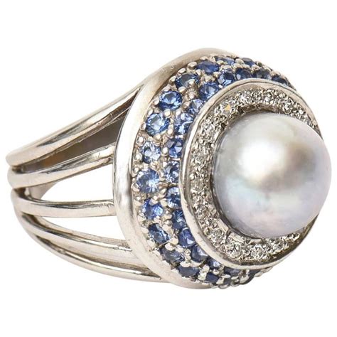 White Gold Cultured Pearl Diamond And Sapphire Dome Cocktail Ring For