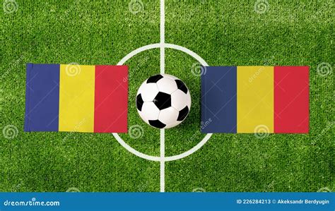 Top View Soccer Ball with Romania Vs. Chad Flags Match on Green ...